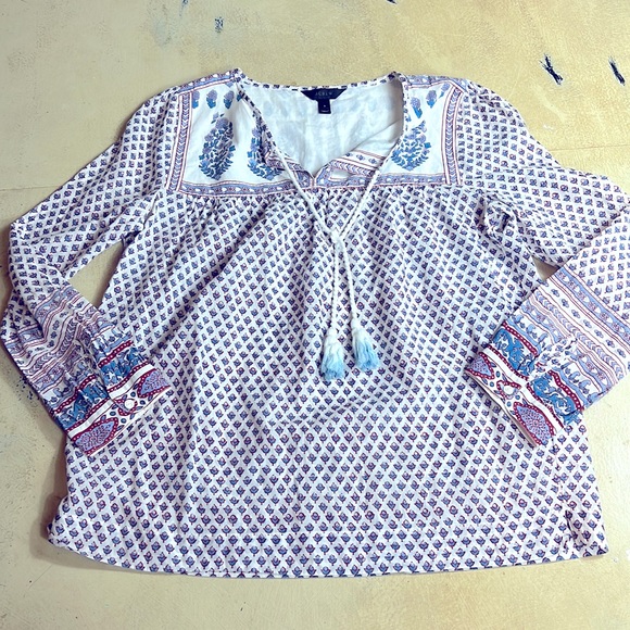 J. Crew Tops - J crew, blouse, boho, size 6, tassels, blue, white, crimson